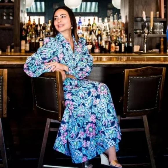 Lilly Pulitzer Dress Mira Shirt Stretch 6 Small Pineapple Paradise Blue High - Picture 7 of 10